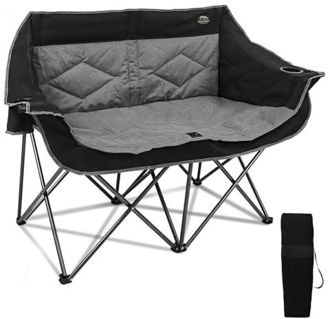 LANMOUNTAIN Folding Loveseat Camping Chair, Portable Double Chair w/Cup Holder,Wine Glass Holder,Carry Bag Heavy Duty Lawn Chair for 2 Adults,Perfect for Camp,Hiking,Picnics and Beach Trips,Black