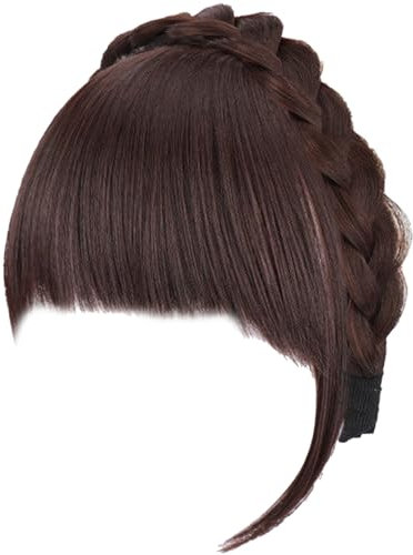 Stirnbandhaarverlängerungen, Stirnband mit Pony, flauschige vordere falsche Pony, synthetische geflochtene Stirnbandperücke mit Pony für Frauen Mädchen (Dunkelbraun)