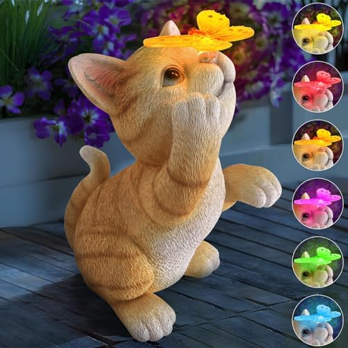 DKIIL NOIYB Oster Hase Solar Lampen, Kaninchen Deko Gartenfigur Skulptur, Wasserfeste Solar Gartenleuchte, Schmetterlinge Gartendeko für Draußen Rasen Terrassen (A6 Bunte Lichter Gelbe Katze)