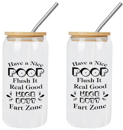 Yelolyio 2 Gläser mit Bambusdeckel und Strohhalm mit Aufschrift Have A Nice Poop, Flush It Real Good, Nice Butt, Fart Zone, Glasbecher, Boba-Becher, Muttergeburtstagsgeschenke, Tassen, ideal für