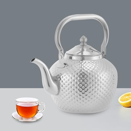 Tetera de acero inoxidable de 2,0 litros con colador, moderna y elegante, para restaurante, camping, con asa de infusor, apta para inducción, color plateado