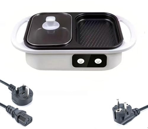 ANQIA Electric Hot Pot with Grill 2 In 1 Indoor Non-Stick Barbecue Smokeless Shabu Shabu Pot with Dual Temperature Control 1300W White