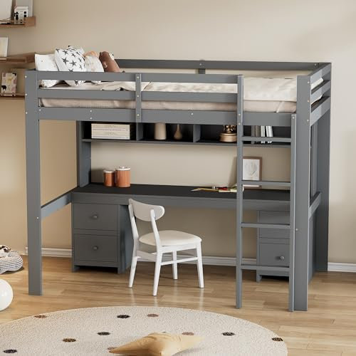 Lit Cabane Superposé 90x200 Avec Bureau, Barrière et Escalier - Mezzanine 1 Place Enfant - Gris