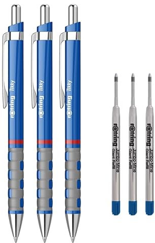 rOtring Tikky Leichter Kugelschreiber mit gummiertem Griff, blauer Schaft, 3 Stück, Tikky Jumbo-Kugelschreiberminen, 3 Stück, blaue Tinte
