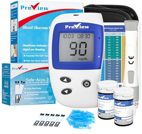 Preview Blutzuckermessgerät Zuckermessgerät mit Teststreifen Glucometer mit Speicherfunktion für bis zu 200 Messwerte für Blutzuckerkontrolle Blood Sugar Monitor für Zuhause und unterwegs (mg/dL)