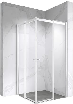 Moments of Glass Duschkabine Kaylee mit Schiebetüren 90x100 cm Höhe 195 cm – Eckduschkabine Weiß, 6 mm durchsichtiges Nano ESG-Sicherheitsglas, hochwertiges Rollsystem, beidseitig montierbar