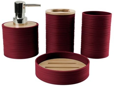 Hosoncovy Juego de 4 recipientes de baño con dispensador de jabón, taza de baño, jabonera, cepillo de dientes y soporte para pasta de dientes (rojo vino)