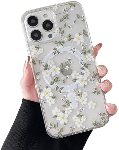 ZTOFERA Magnetic for iPhone 14 Pro Case,Cute Floral Print,White Flower | Compatible with MagSafe,Clear Flower Pattern,Hard Back with Soft TPU Bumper,Shockproof Protection,Slim Fit
