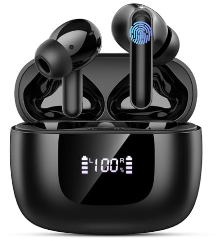 yobola Auriculares Inalambricos Bluetooth, Cascos Inalambricos Bluetooth 5.4 HiFi Estéreo, Auriculares Bluetooth Deportivos Mini con 4 ENC Mic, 35H Pantalla LED, IP7 Impermeable, USB-C