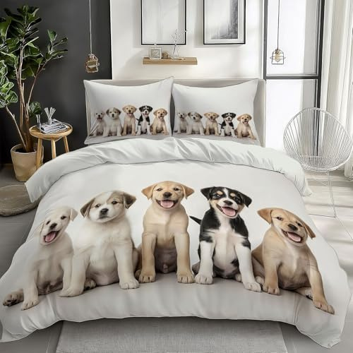 Niedlich Bettwäsche Hundemotiv 135 x 200 cm, Weiches Mikrofaser Bettbezug Set mit niedlichem Welpen Tiermotiv Bettwäsche - Weiß Bettbezug für Kinder Teenager & Erwachsene - Inkl 2 Kissenbezüge