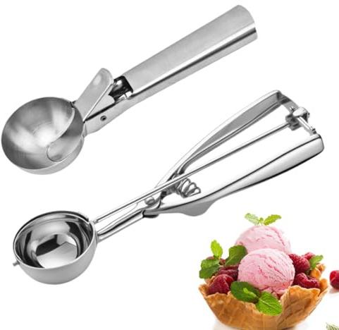 JAWUZ 2er Set Eisportionierer Edelstahl 304 Eiskugel-Former 4,8cm & 5cm Durchmesser Portionier-Löffel spülmaschinengeeignet mit Auslösemechanismus für Eiscreme Dessert Hackfleisch Obstsalat Küche