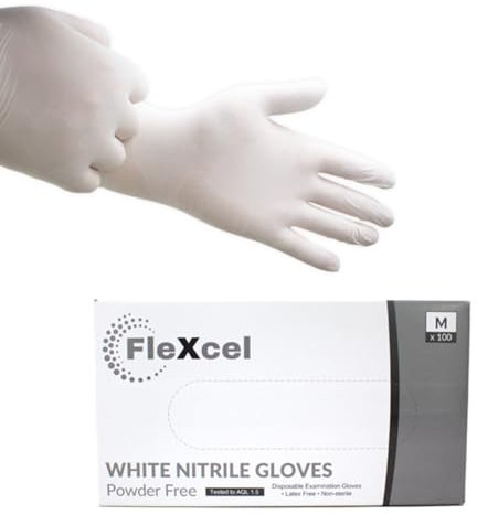 FleXcel White Nitrile Gloves (Box of 100) Size X-Large - Multipurpose Powder Free, Latex Free, Medical Grade, Food Safe Examination Gloves - AQL 1.5 PPE Regulation 2016/425 Category III Certified