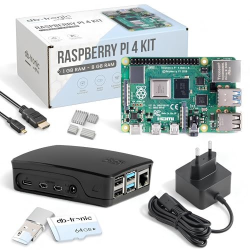 Raspberry Pi 4 8GB Starter-Kit | 64GB Edition | Offizielles Netzteil 15W | Offizielles Gehäuse Schwarz | 4k Micro HDMI Kabel | Kühlkörper Set