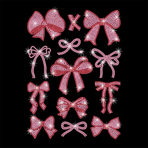 GOMAKERER 13 Pcs Iron on Rhinestones Transfer, Pink Bow Hot Fix Iron on Patch Transfer Decals Crystal Heat Transfer Clothing Repair Decor for T-Shirt Hat Jacket Decor DIY Accessories