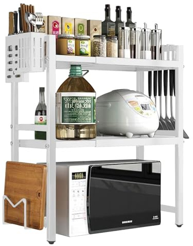 PokeAir Expandable Microwave Shelf - 3 Tier Oven Stand Countertop with 6 Hook, Microwave Stand Kitchen Organiser Storage, Height Width Adjustable Pantry Rack(White