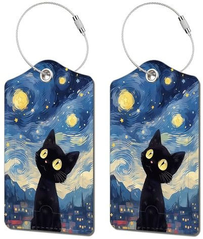 Vesavifaka 2 Stück Kofferanhänger Schwarze Katze Himmel für Reisekoffer, Niedliche Leder Gepäckanhänger mit Sichtschutz ID Etiketten Stahlöse, Reise Zubehör für Schnelle Identifikation Koffer