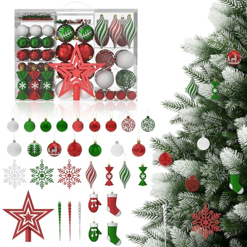YUENFONG 138er Set Weihnachtskugeln Kunststoff Christbaumkugeln, Weihnachtsdeko Matt Glänzend mit Baumspitze Stern, Weihnachtsbaumkugeln Deko Christbaumkugeln, Mischfarbe