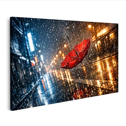 islandburner Bild auf Leinwand Roter Regenschirm in urbaner Regenszene für Wanddekoration - Edition B2