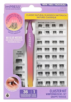 KISS imPRESS Falsies Press On Lashes Natural Selbstklebende Wimpern 1-Step, Glam Volume, Schwarz, Kein Kleber erforderlich, Wimpernverlängerung DIY, 20 Wimpernbüschel & Applikator