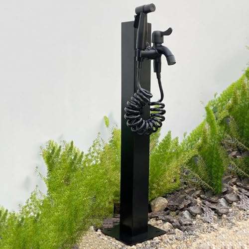 Wassersäule Garten mit Wasserhahn und Spritzpistole, Wasserzapfsäule Wasserzapfstelle Edelstahl, Schwarz Wassersäule Standbrunnen für Bewässerung Waschen, UV- & Frostsicher,Black-60cm