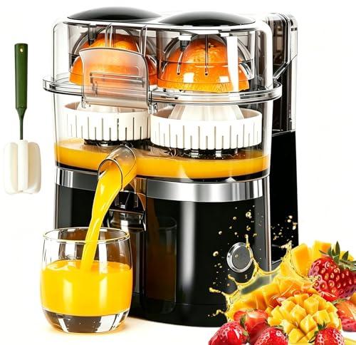 Dual-Head Automatic Citrus Juicer, Electric Citrus Juicer Orange Squeezer, 1-Button Automatic Juicers Machine for Orange, Lemon, Lime, Easy to Clean & Use, Built-in Cutter (Black)