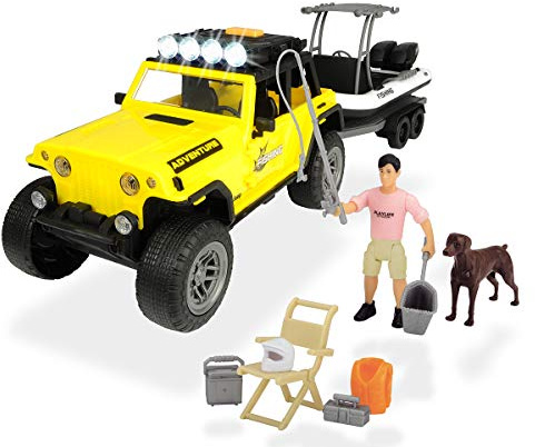 Dickie Toys Playlife-Angler Set, Jeepster Commando Geländewagen, Bootsanhänger mit abnehmbaren Schlauchboot, inkl. Figur und Hund, Licht & Sound, inkl. Batterien, 18- teiliges Set, 41 cm, ab 3 Jahren