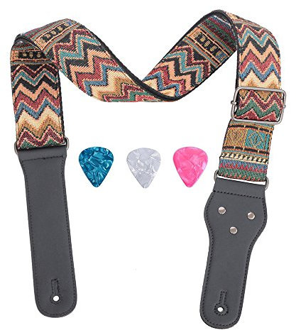 Rufun Gitarrengurt Retro Jacquard Weave Zubehör Einstellbare Länge für Basse E-Gitarre Akustische Gitarre, 3 Picks enthalten (Wellen Rot)