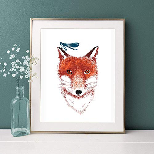 Din A4 Kunstdruck - ungerahmt - Fuchs mit Libelle Portrait Waldtier Illustration Druck Poster Bild