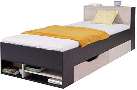 Furniture24 Bett Planet PL-14, Jugendbett mit Federkernmatratze 90x200 cm, Bettschublade und Ausziehbarer Stauraum im Kopfteil (Schwarz/Eiche/Beige)