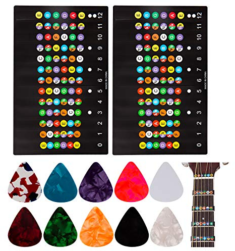 LUTER 2 pezzi Adesivi Tasto di Chitarra e 10 Pezzi di Plettri di Chitarra, 6 Corde per Chitarra Acustica Nota di Tasto Adesivi per Principiante