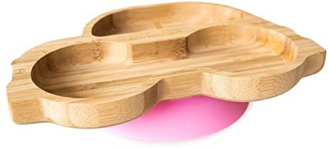 eco rascals Car Shaped Natural Bamboo Plates for Baby Toddler | Car Shaped Baby Suction Plate | Stay Put Feeding Plate for Weaning with Two Large Sections | Detachable Suction Base | Pink