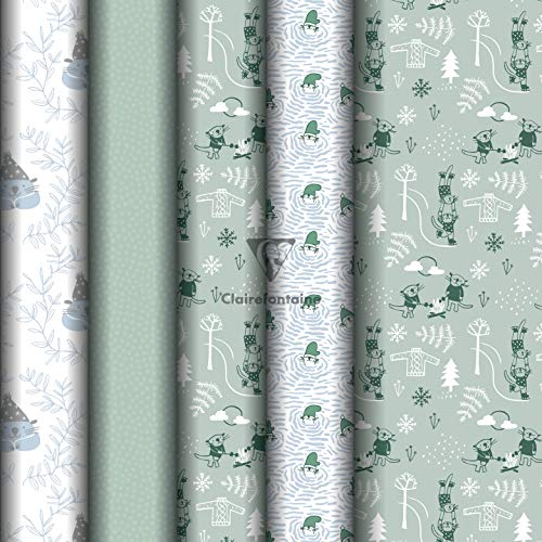 Clairefontaine 201989AMZC - Un Carton De 20 Rouleaux Papier Cadeau - Papier Affiche 80g - Dimensions : 5x0,35m (Spécial Petite Largeur) - Motif : Loutres, Bleu, Vert, Noël - Idéal Petits Emballages