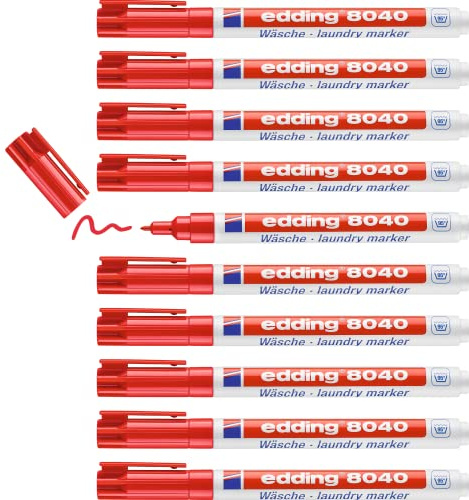 edding 8040 laundry marker - red - box of 10 - round nib 1 mm - textile marker for labelling clothes, wash-resistant at 95°C - laundry pen