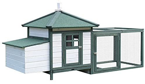 PawHut Gabbia per Galline Ovaiole in Legno, Pollaio Prefabbricato per Galline da Esterno con Recinto, 196x76x97cm, Bianco e Verde