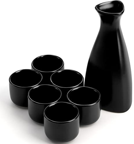 Tosnail Juego de 7 piezas de sake japonés de cerámica, 1 jarra y 6 tazas, color negro