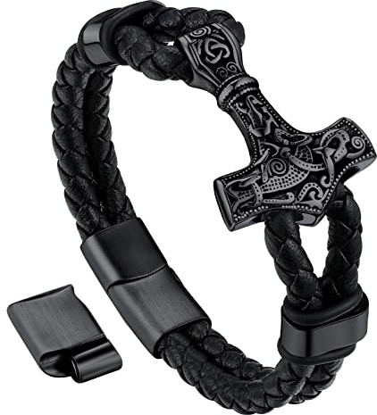 Bandmax Schwarzes Thors Hammer Männerarmband Länge 23 CM Wikinger Lederarmband Mjölnir Geflochtenes Armband mit Magnetverschluss Viking Schmuckstück