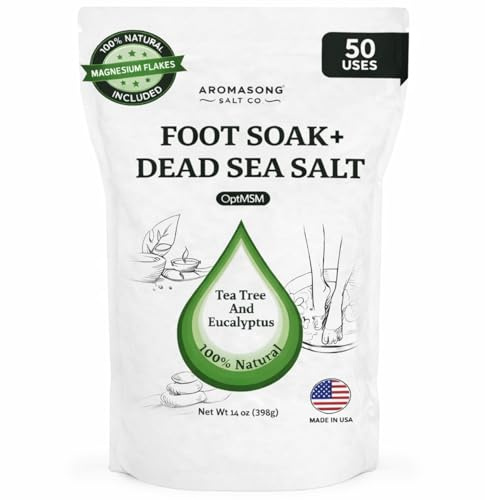 Aromasong Tea Tree Foot Soak with Dead Sea Salt & Magnesium Flakes – Foot Soak Salts for Foot Spa, Foot Bath, Pedicure, Dry Feet, Hard Skin, Tired Feet, Athletes Foot Care & Foot Hygiene, 2 lb
