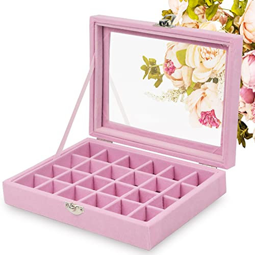 SUPPRUI Ohrringe Aufbewahrung Organizer Samt Schmuck Ringe Display Box mit klarem Deckel Vitrine für Zuhause, Geschäft, Ankleidezimmer (Rosa-24 Gitter