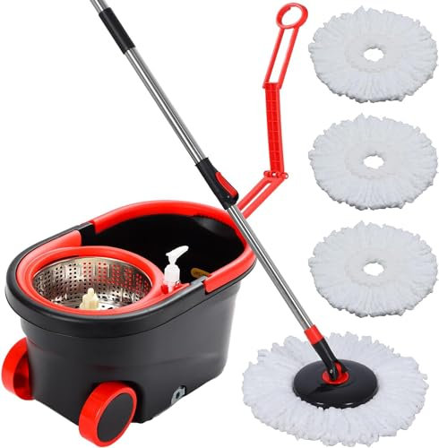 Balai à franges et seau avec essoreur sur roulettes, système de seau rotatif à 360° avec 3 têtes de rechange en microfibre et poignée réglable en acier inoxydable de 154,9 cm pour nettoyage du sol (25