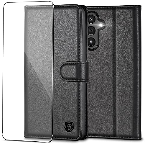 Handyhülle für Samsung Galaxy A14 5G Hülle mit Panzerglas Schutzfolie Premium PU Leder Klapphülle Case Brieftasche Kartenfach Ständer Magnet Handytasche Cover Schutzhülle für Samsung A14 5G - Schwarz