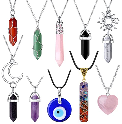 XIANNVXI 10pcs Kristalle Kette Damen Set Halskette Herren Amethyst Steine Evil Eye Mond Sonne Chakra Kette Rosenquarz Heilung Edelsteine Stein Anhänger Ketten Reiki Schmuck Geschenk Mama