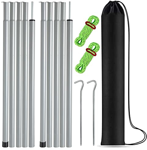 Zeltstangen, verstellbare Planenstangen, Stahlstangen für Plane, Baldachin, Camping, Ersatz-Set, 2 Stück + Heringe & reflektierende Seile (Grau)
