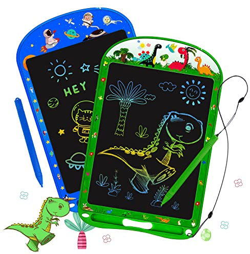 LCD Drawing Tablet for Kids, 2 Pack 10 inch Colorful Doodle Board Erasable and Reusable Drawing Tablet, Dinosaur & Space Themes Learning Educational Gift for Kids