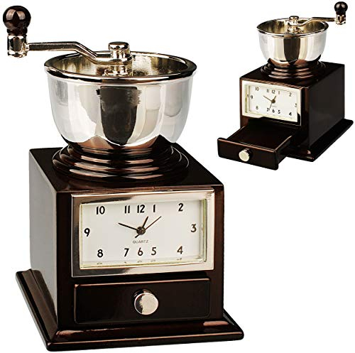 alles-meine.de GmbH kleine - Tischuhr/Miniatur - Uhr - Küchenmaschine - Kaffeemühle/Mühle - aus Metall - 8,3 cm - batteriebetrieben - Analog - Batterie - Dunkelbraun & Silber..