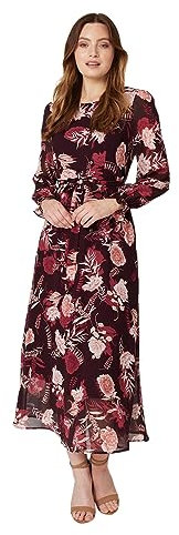 Izabel London Floral Long Sleeve A-Line Dress for Women UK with Round Neck, Long Sleeves and Maxi Length. Burgundy