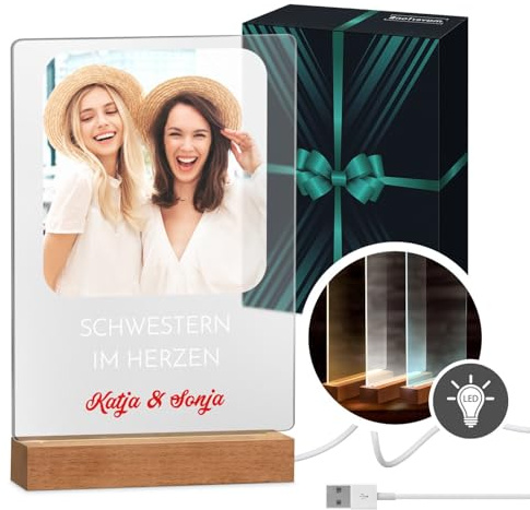 Maverton beleuchteter LED-Rahmen mit eigenem Foto | Personalisiertes Acrylglasbild mit Holzständer mit LED-Beleuchtung, Glasfoto für Frauen zum Geburtstag, Größe: 21x32x4,5cm