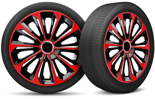 Radkappen 15 Zoll Radzierblenden 4er Set passend für alle Stahlfelgen - Einstellbarer Sicherungsring - Schwarz Rot