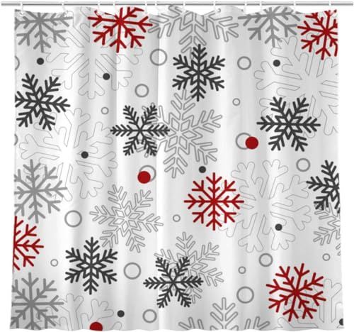 JOOCAR Rideau de douche imperméable avec crochets pour salle de bain, motif flocons de neige, rouge, gris, blanc, pour Noël, Nouvel An, vacances, salle de bain, 183 x 183 cm