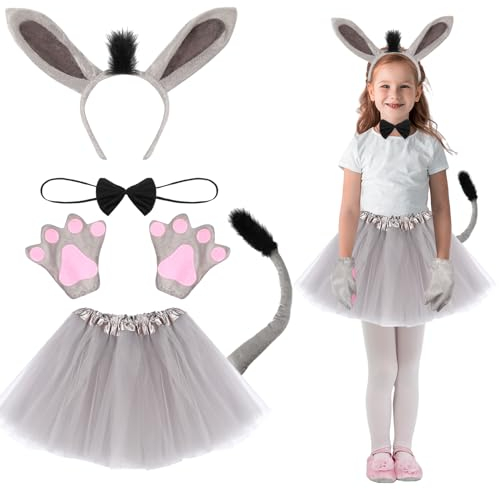 Sintege 5 Stück Kostüm Set für Kinder Ohren Haarreif Schwanz Tutu Rock Fliege und Handschuhe Tierkostüme für Mädchen Kinder Faschingskostüm für Karneval Halloween Cosplay(Esel)