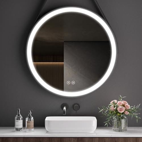S'AFIELINA Miroir Salle de Bain avec éclairage Rond 70 cm, Miroir Mural LED, Tactile, Dimmable, 3 Couleurs de Lumière, mémoire, Verre Trempé HD, Cadre Fer Noir Miroir LED Salle de Bain 21W